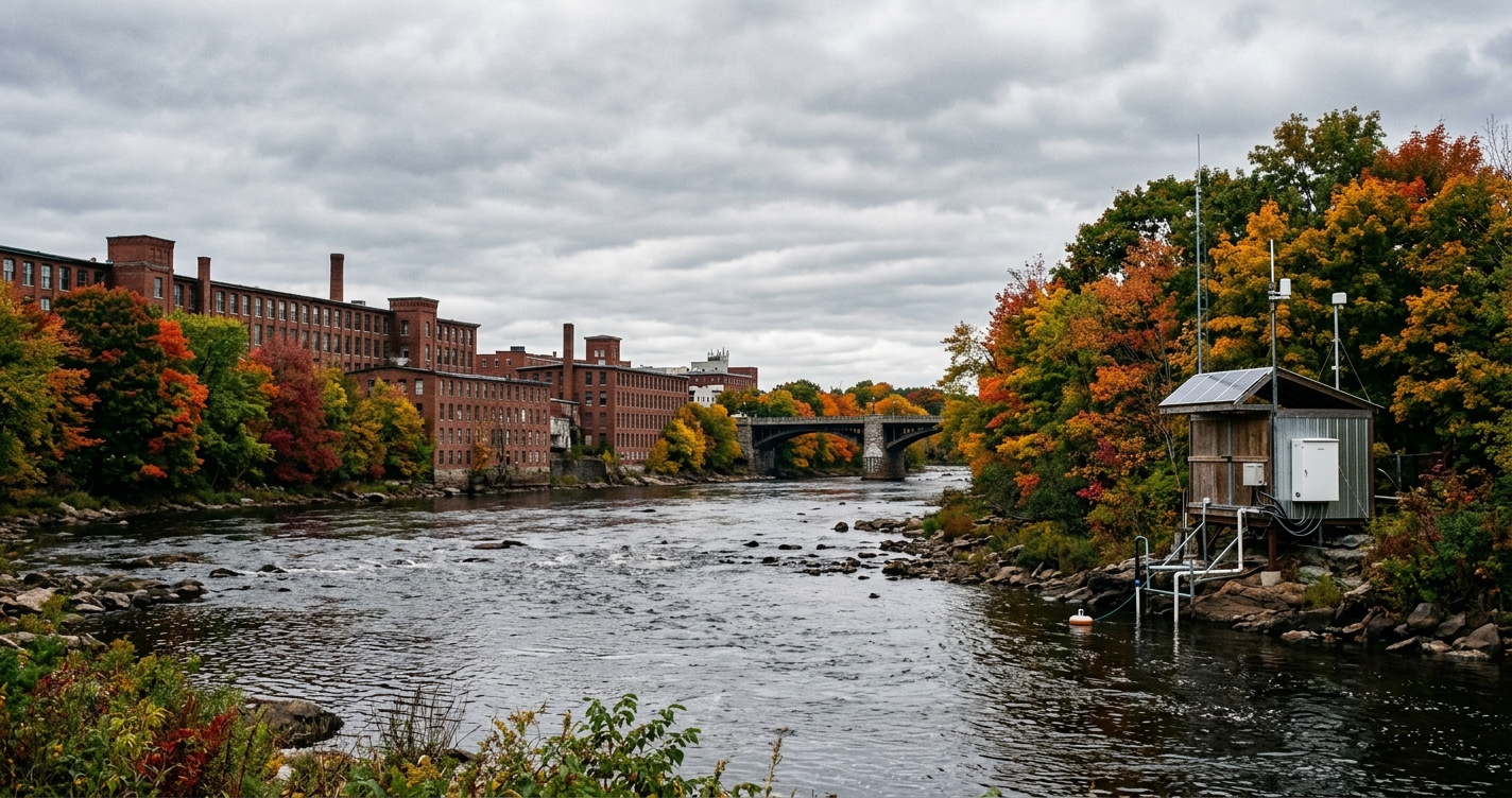 Lewiston-Auburn Maine twin cities along the Androscoggin River with Lake Auburn