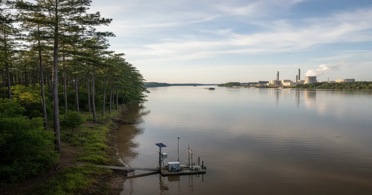 Savannah River flowing past Augusta Georgia with forested banks