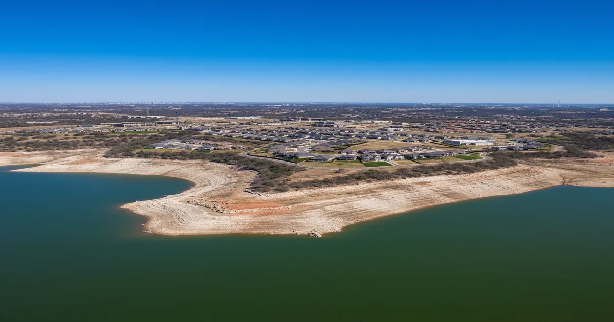 Austin Texas skyline along Lady Bird Lake, part of the Highland Lakes system that supplies the city's drinking water