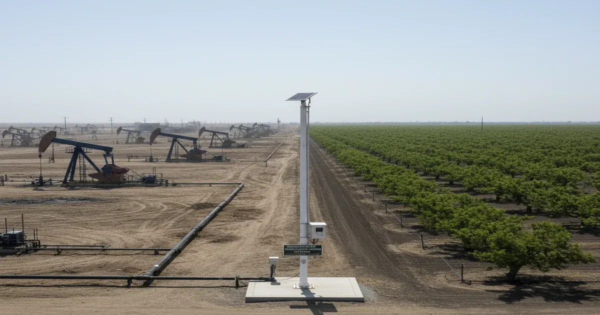Bakersfield California with agricultural fields and oil derricks in the San Joaquin Valley