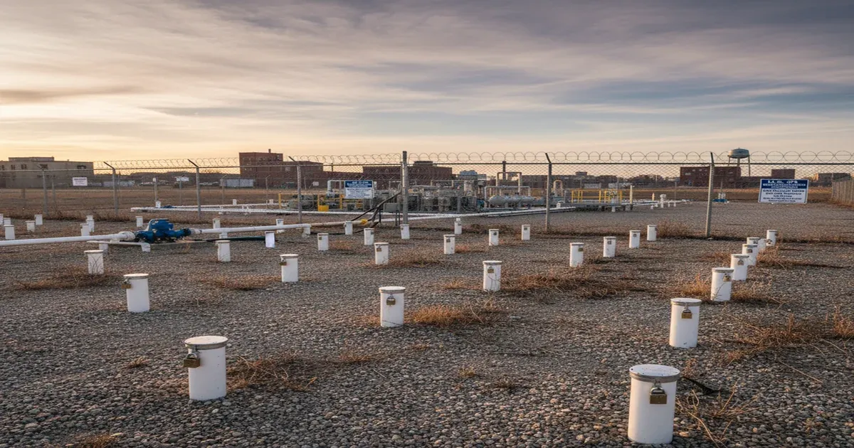 Kalamazoo River flowing through Battle Creek Michigan with industrial buildings in background
