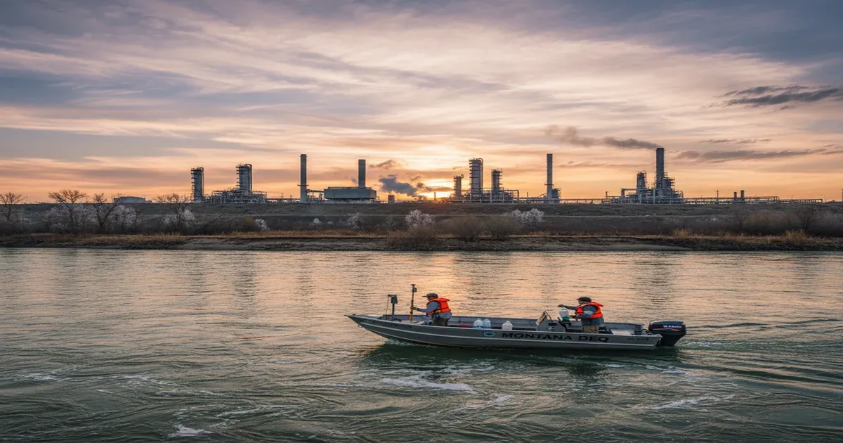 Yellowstone River flowing through Billings, Montana with rimrocks in background