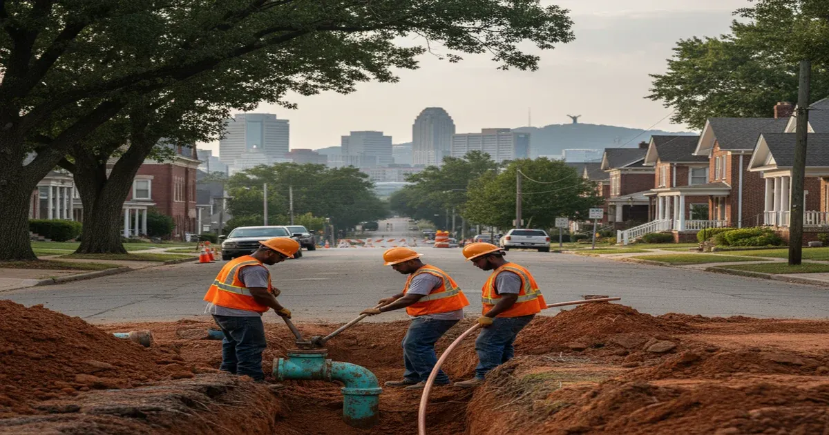 Birmingham Alabama skyline with Vulcan statue and surrounding landscape