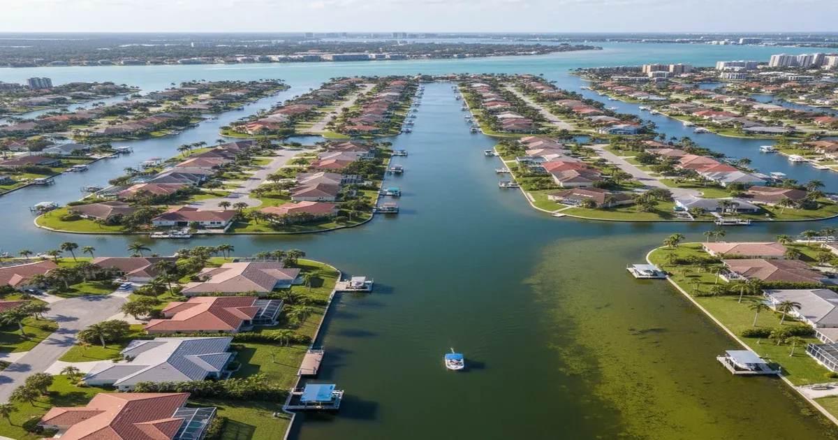 Aerial view of Cape Coral Florida canal system and residential development