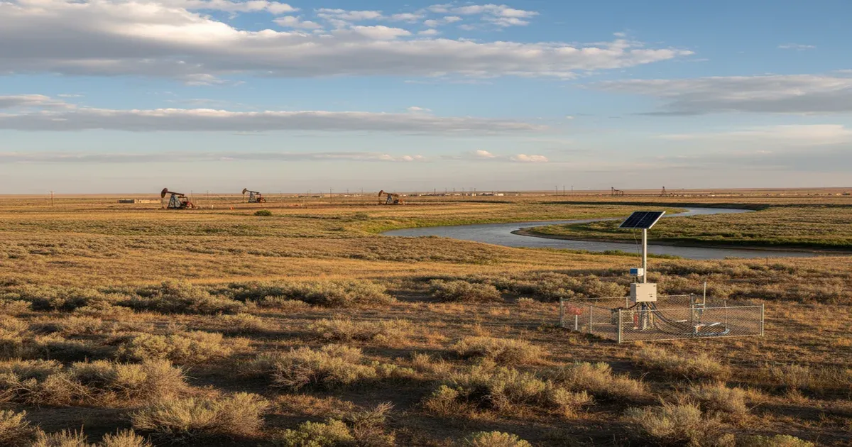 Casper Wyoming skyline with North Platte River and oil derricks in the background