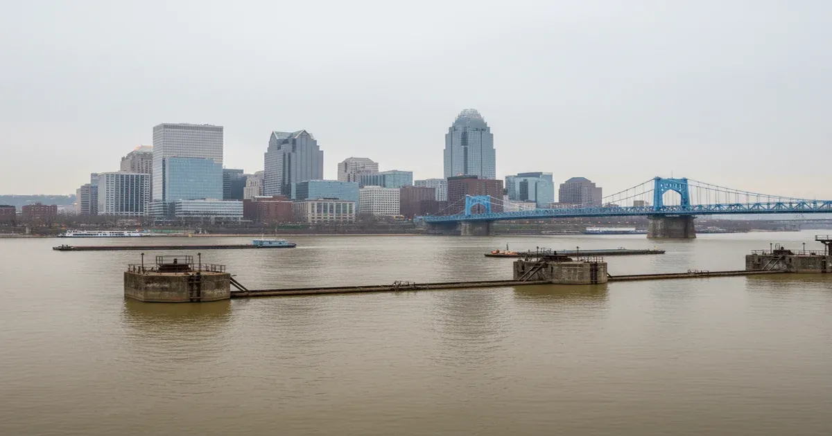 Cincinnati skyline along the Ohio River, the source of the city's drinking water supply