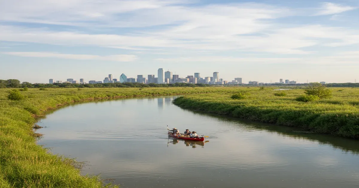 Dallas skyline along the Trinity River, part of the watershed that supplies the metroplex's drinking water