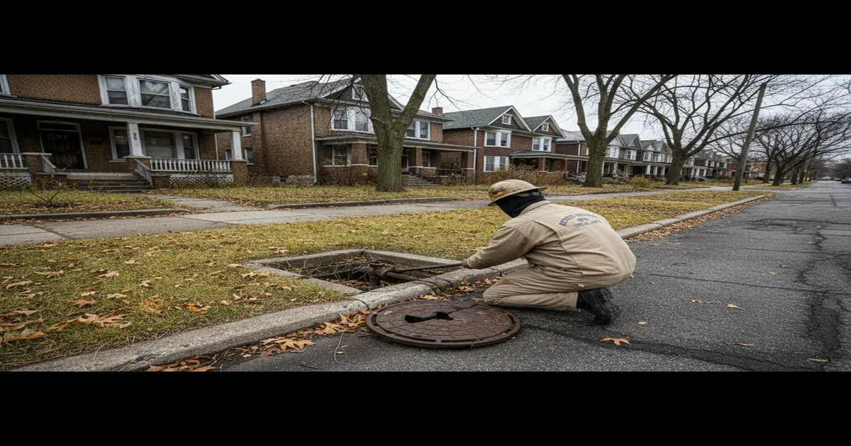 Detroit skyline with water treatment infrastructure along the Detroit River
