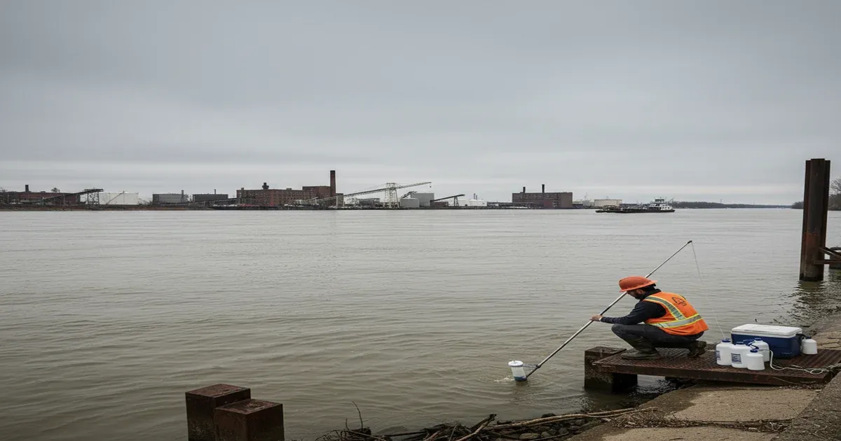 Ohio River near Evansville Indiana with industrial facilities along the riverbank