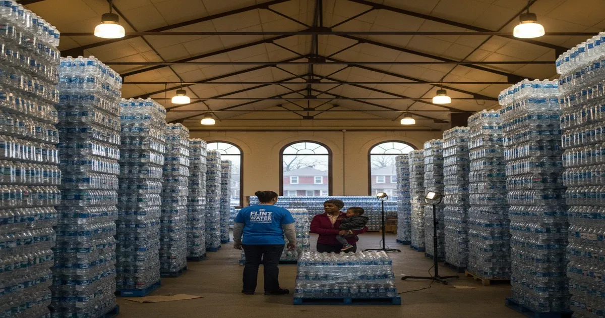 Water tower and infrastructure in Flint Michigan reflecting the city's water crisis history