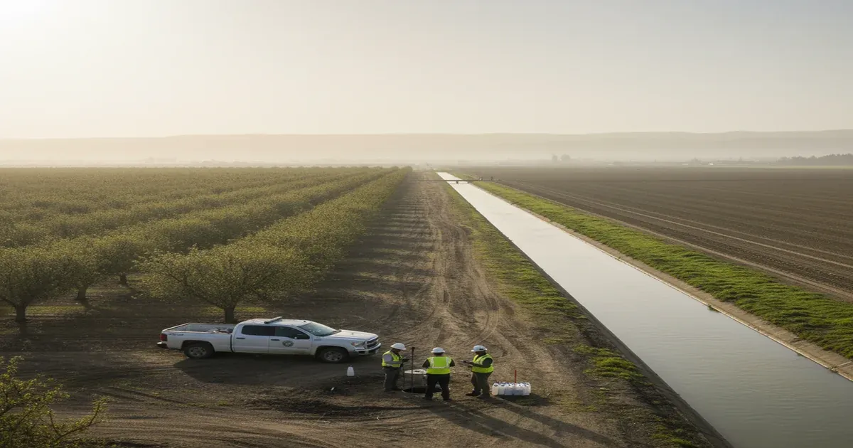 Agricultural fields in California Central Valley with Fresno skyline in distance