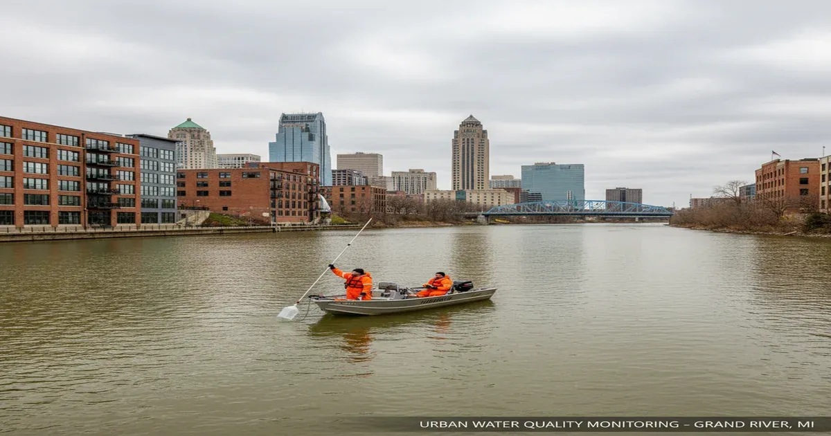 Grand River flowing through Grand Rapids Michigan downtown