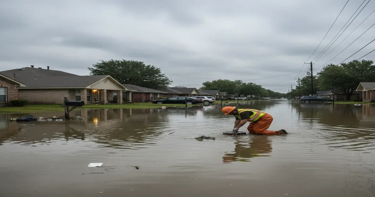 Aerial view of Houston Texas showing flooding and urban water infrastructure challenges