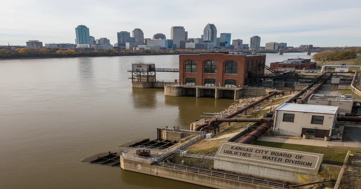 Kansas City skyline along the Missouri River, the primary source of drinking water for the metro area