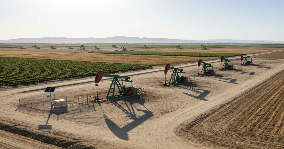Agricultural fields and oil derricks in Kern County California