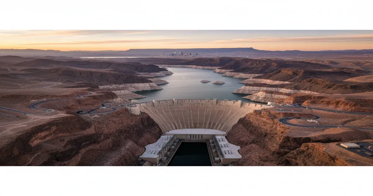 Lake Mead near Las Vegas showing low water levels and the characteristic bathtub ring on canyon walls