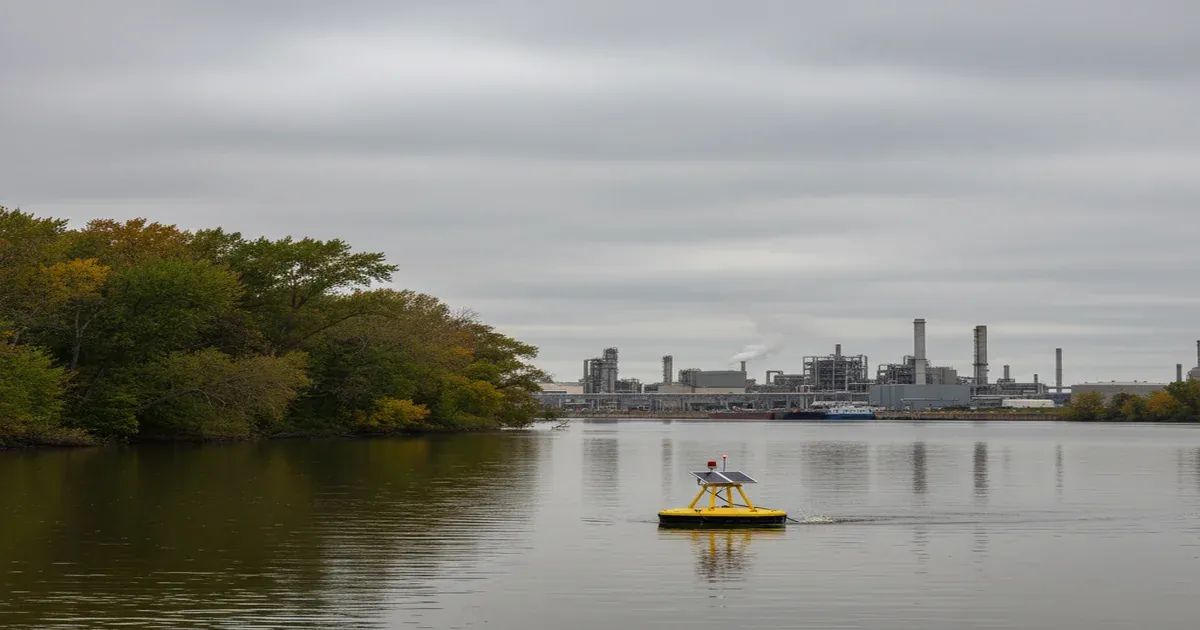 Tittabawassee River flowing through Midland Michigan with industrial backdrop