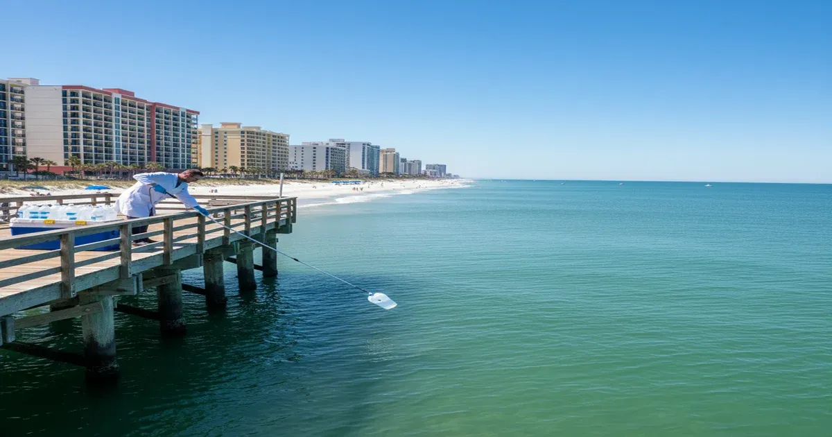 Myrtle Beach South Carolina shoreline with beach hotels and Atlantic Ocean