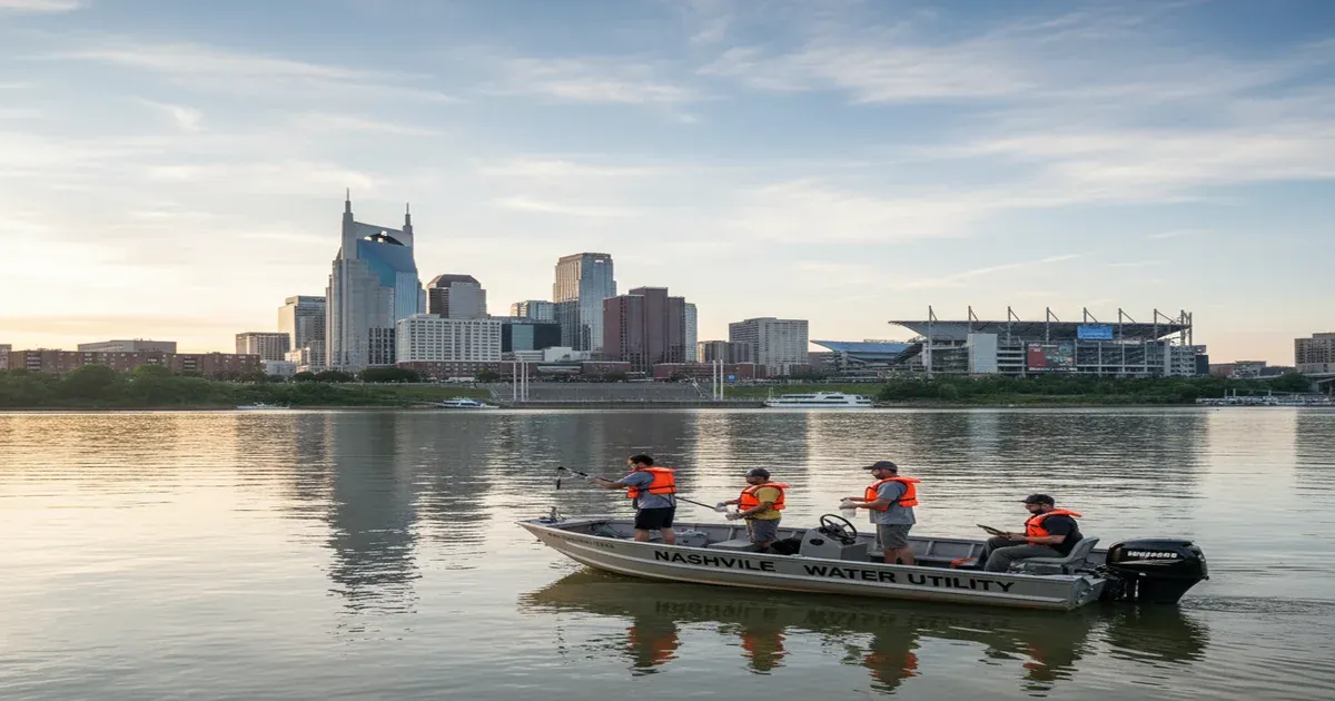 Nashville skyline along the Cumberland River, the source of the city's drinking water supply