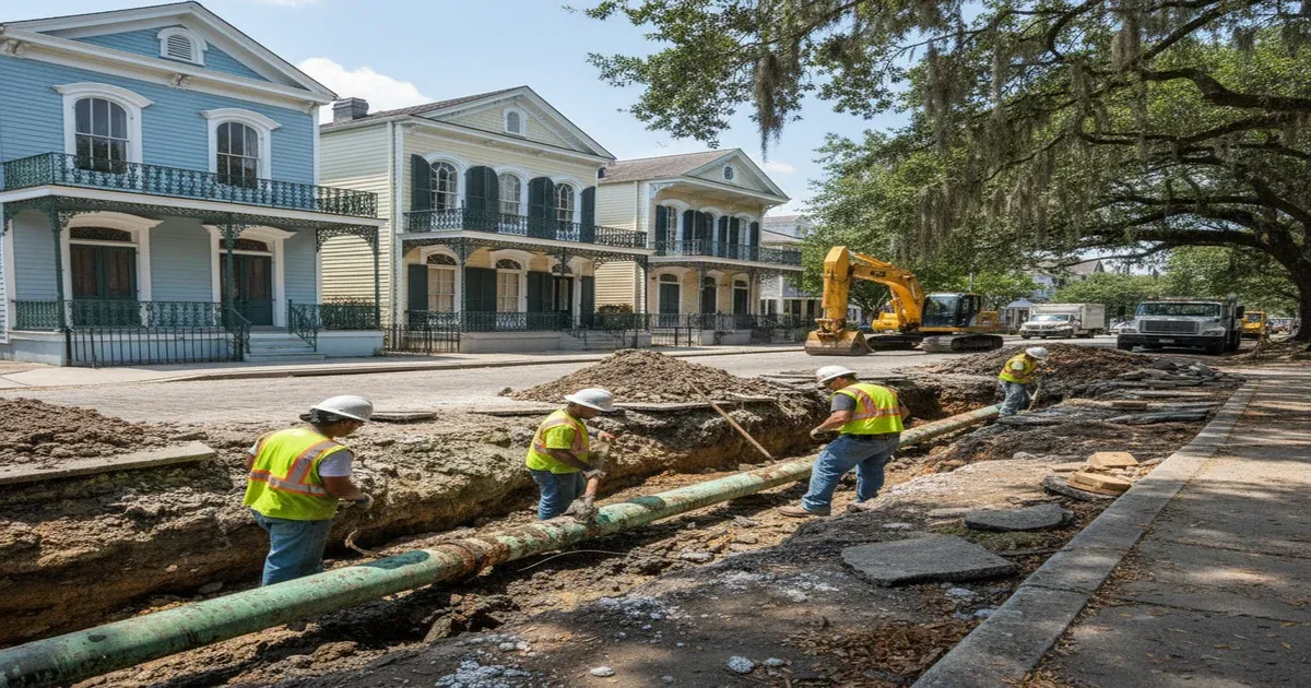 New Orleans water infrastructure with the city skyline and Mississippi River