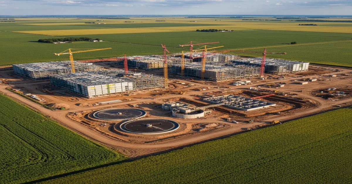 Industrial cooling towers at a data center facility with water discharge visible