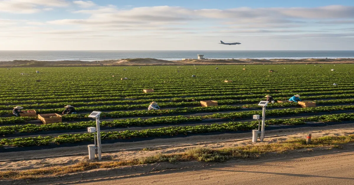Oxnard California coastline with strawberry fields and Pacific Ocean