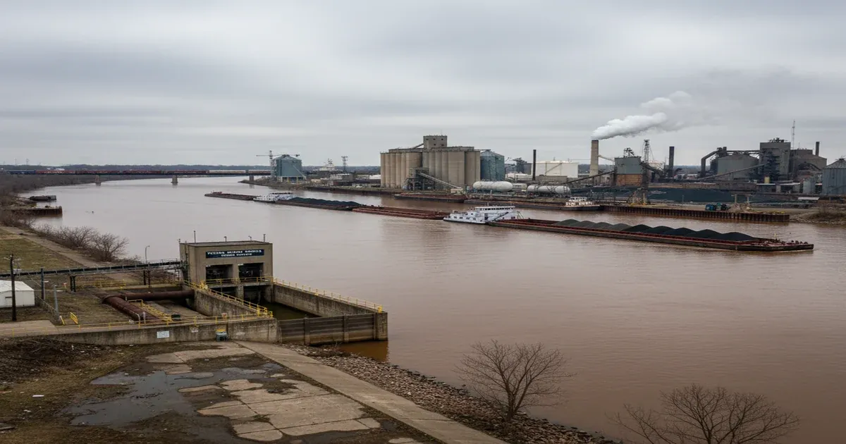 Peoria Illinois skyline along the Illinois River