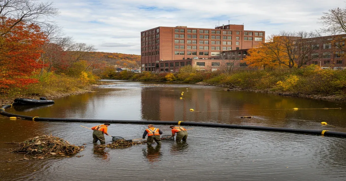 Housatonic River flowing through Pittsfield Massachusetts with autumn foliage