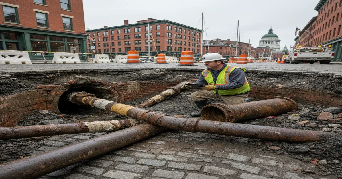 Portland Maine harbor with Sebago Lake water supply area in the background