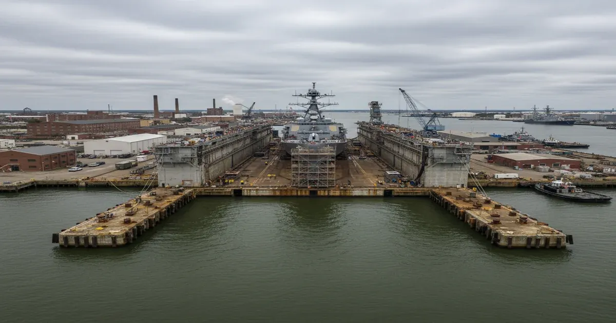 Portsmouth Virginia waterfront with naval shipyard visible in the background