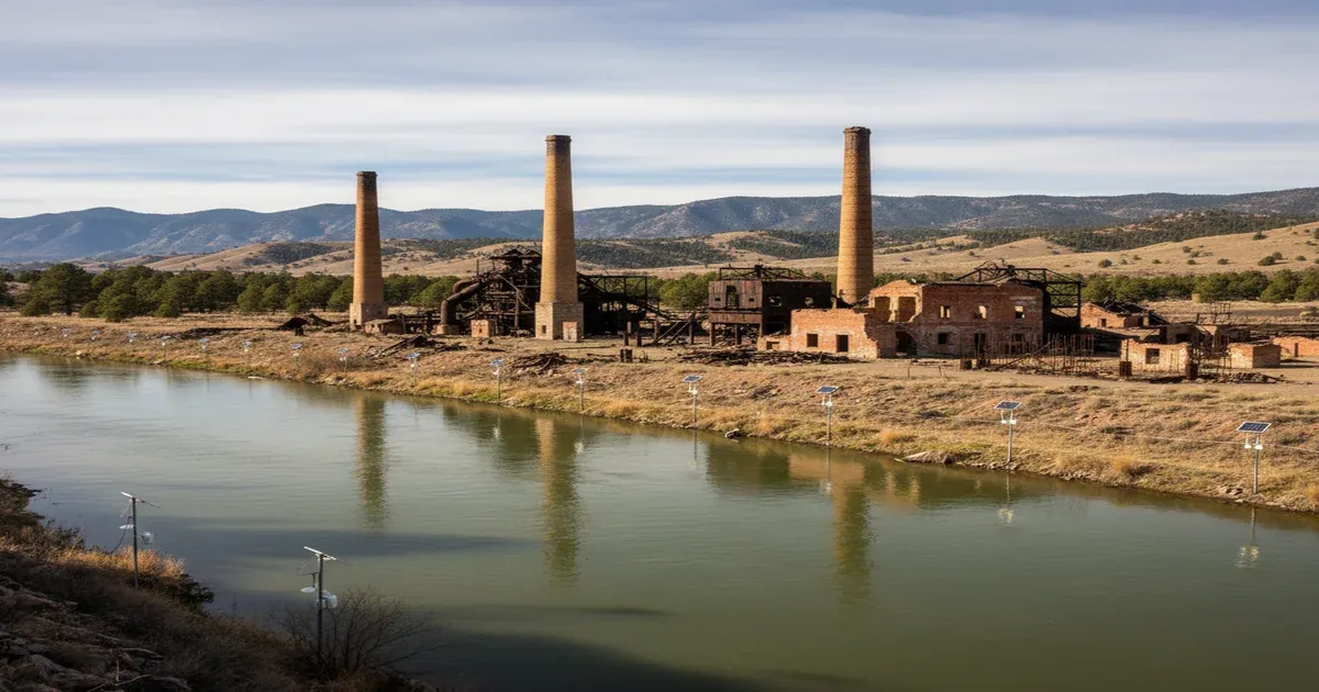 Arkansas River flowing through Pueblo Colorado with mountain backdrop