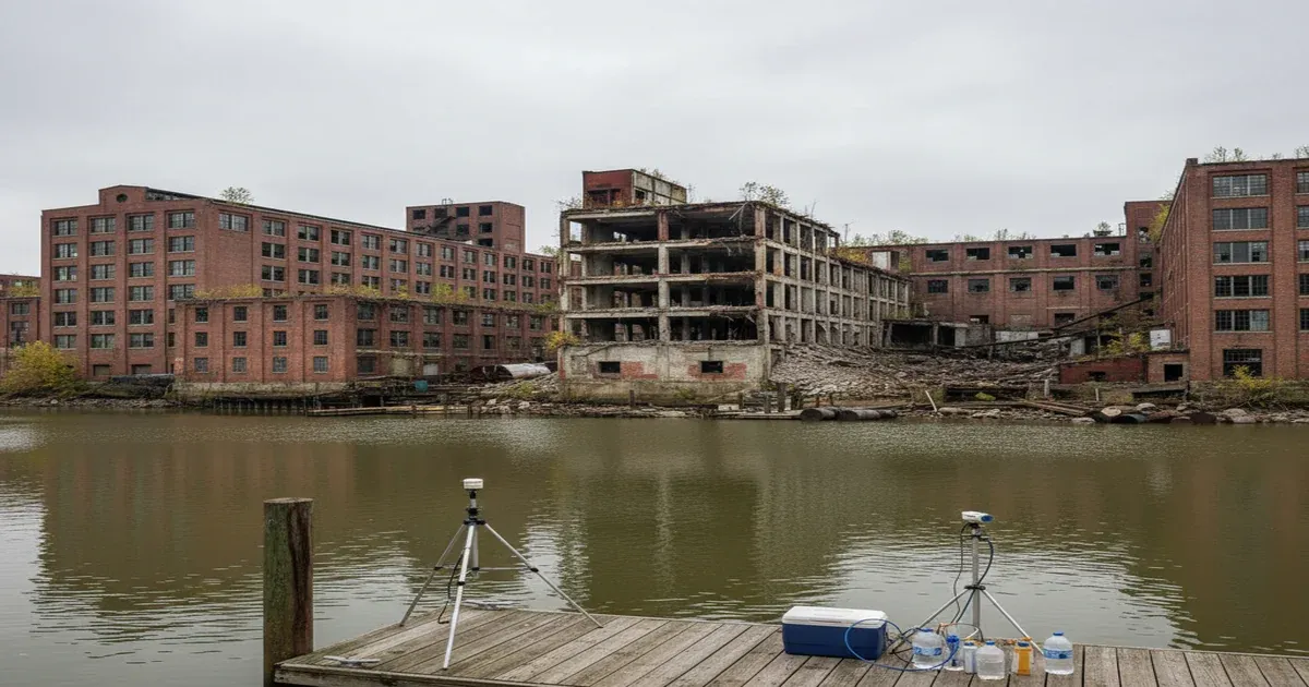 Rochester New York skyline along the Genesee River with Lake Ontario in the background