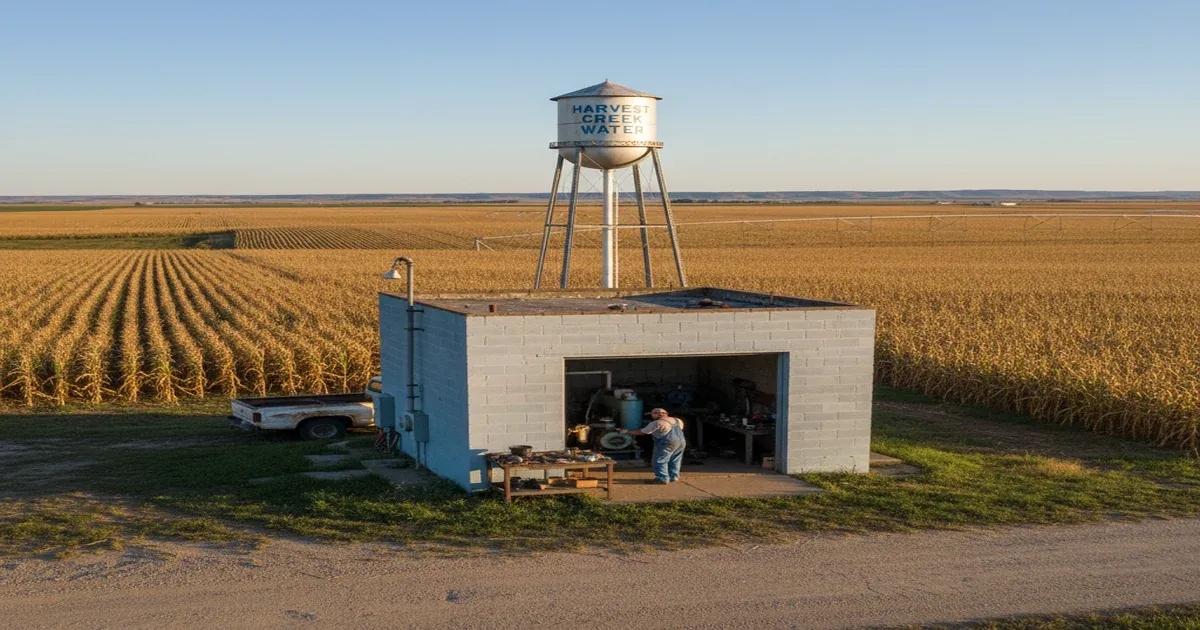Small rural water treatment facility with storage tanks in a farming community
