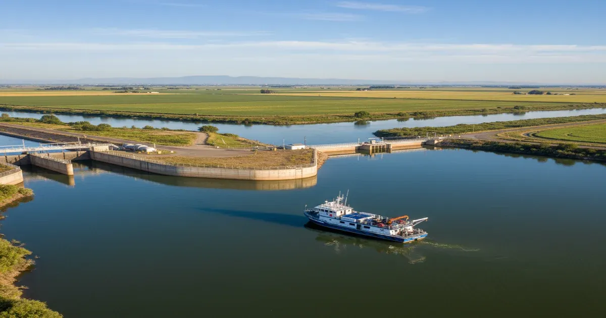 Sacramento River flowing through California's capital city, one of the primary drinking water sources for the region