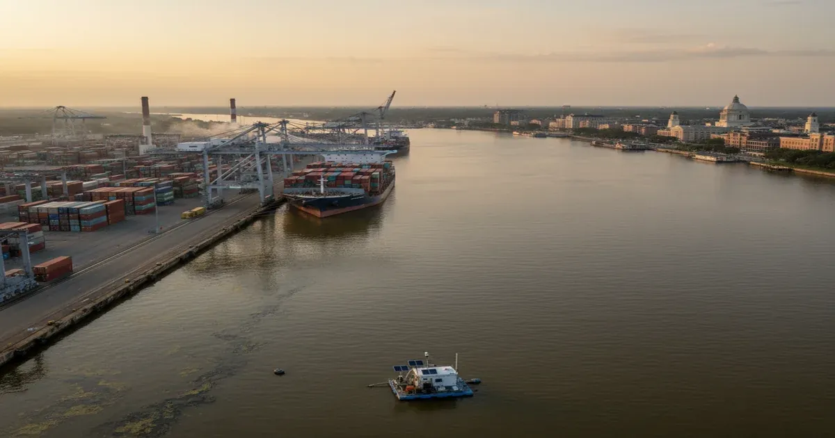 Savannah Georgia historic district with the Savannah River and port in the background