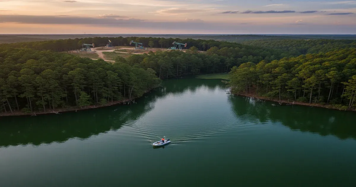 Lake Palestine reservoir near Tyler Texas surrounded by pine forest
