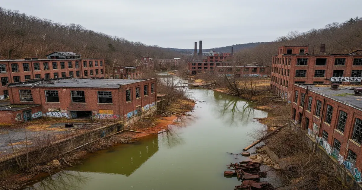 Waterbury Connecticut downtown area along the Naugatuck River with former industrial sites